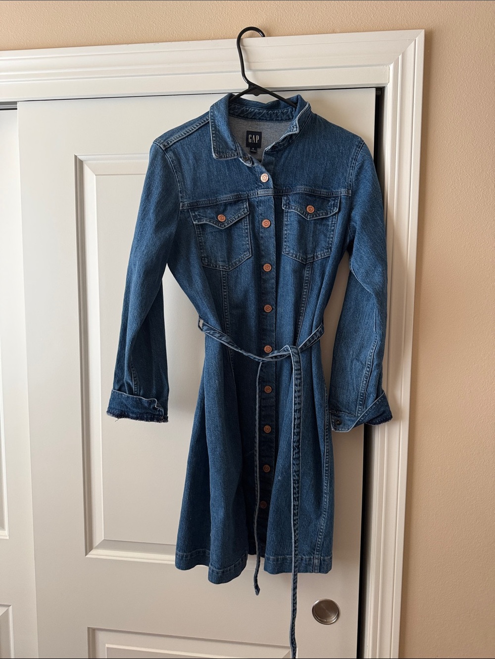 GAP Blue Denim Button-Front Jacket Dress with Tie Belt